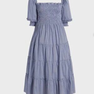 Hill House Home Nesli sleeved midi tiered nap dress navy blue micro gingham